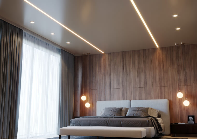 Цветной потолок со световыми линиями